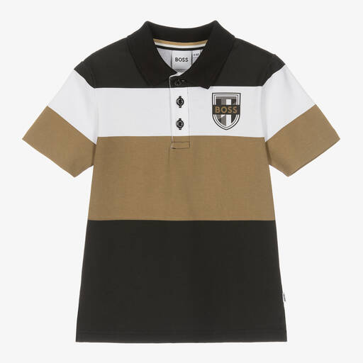 BOSS-Boys Black Colourblock Cotton Polo Shirt | Childrensalon