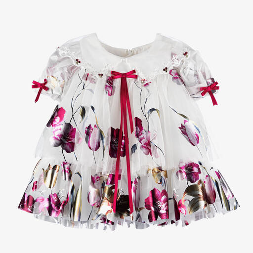 Junona-Baby Girls White Floral Tulle Dress | Childrensalon