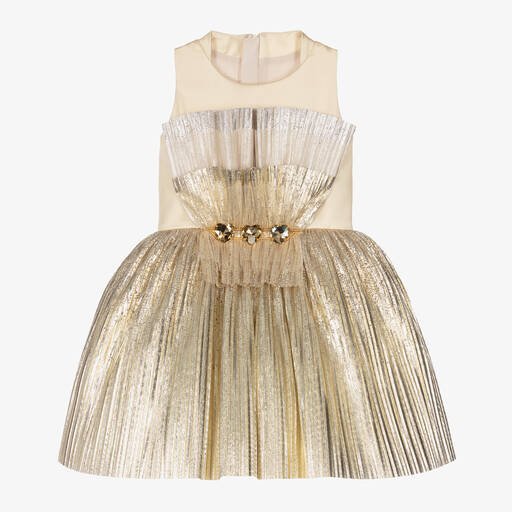 Junona-Girls Pleated Gold Satin Dress | Childrensalon