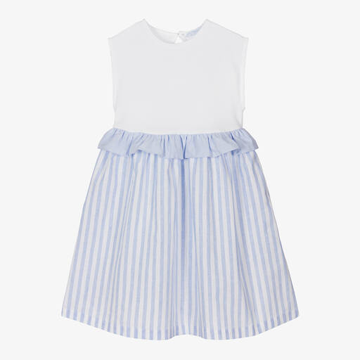 Laranjinha-Girls Blue Striped Cotton & Linen Dress | Childrensalon